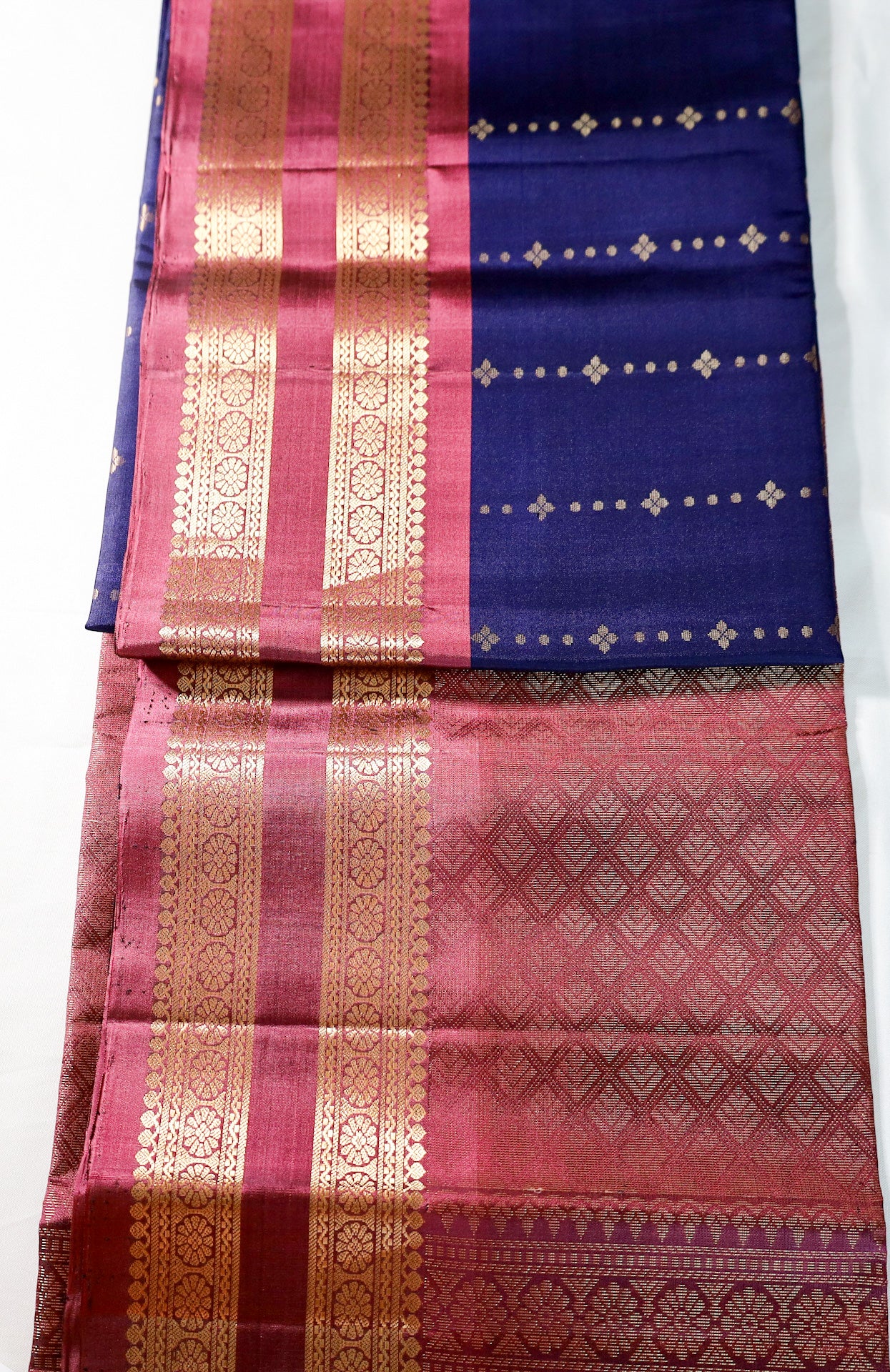 Navy Blue Retta Pettu Soft Silk Saree with Dust Rose Pink border & Pallu