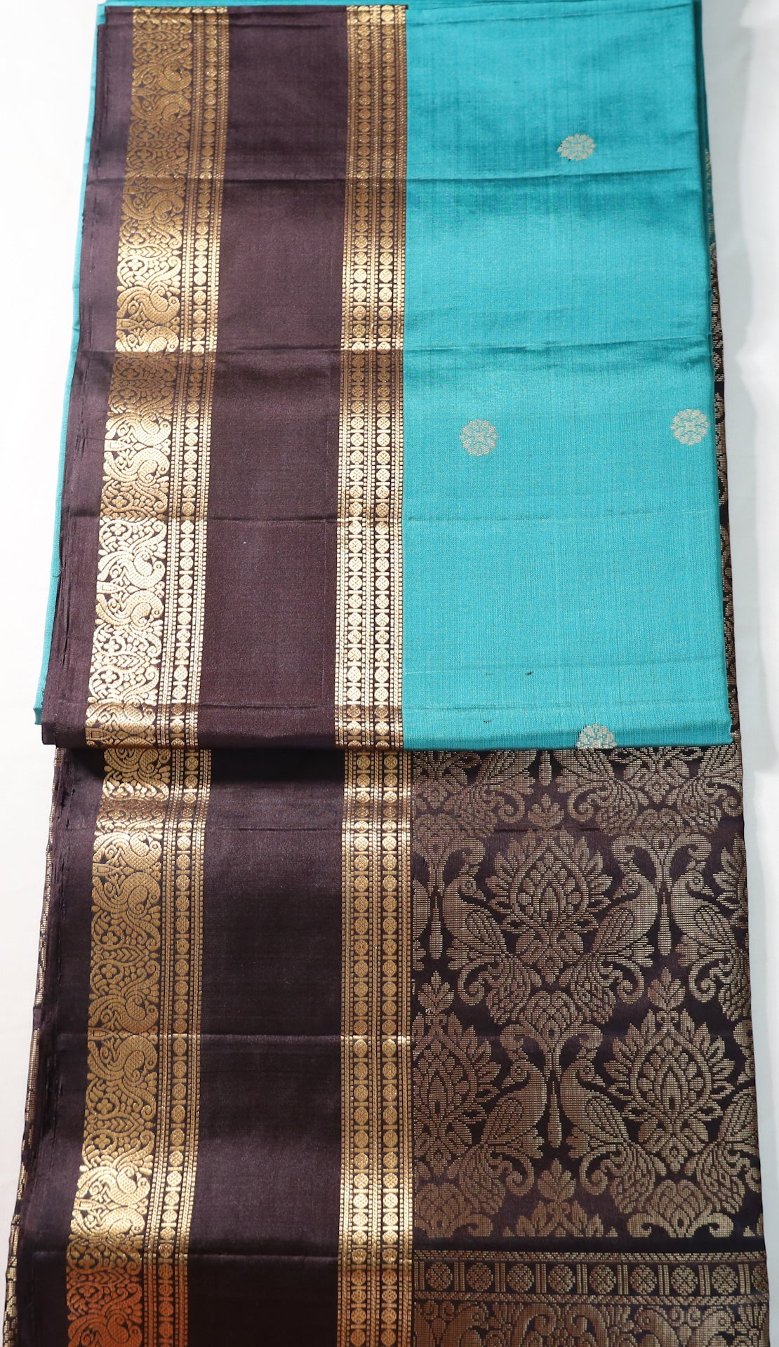 Dark Turquoise Blue Retta Pettu Soft Silk Saree with Coffee Brown border & Pallu