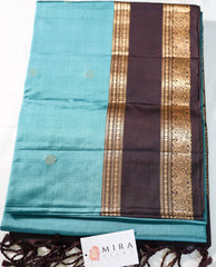 Dark Turquoise Blue Retta Pettu Soft Silk Saree with Coffee Brown border & Pallu