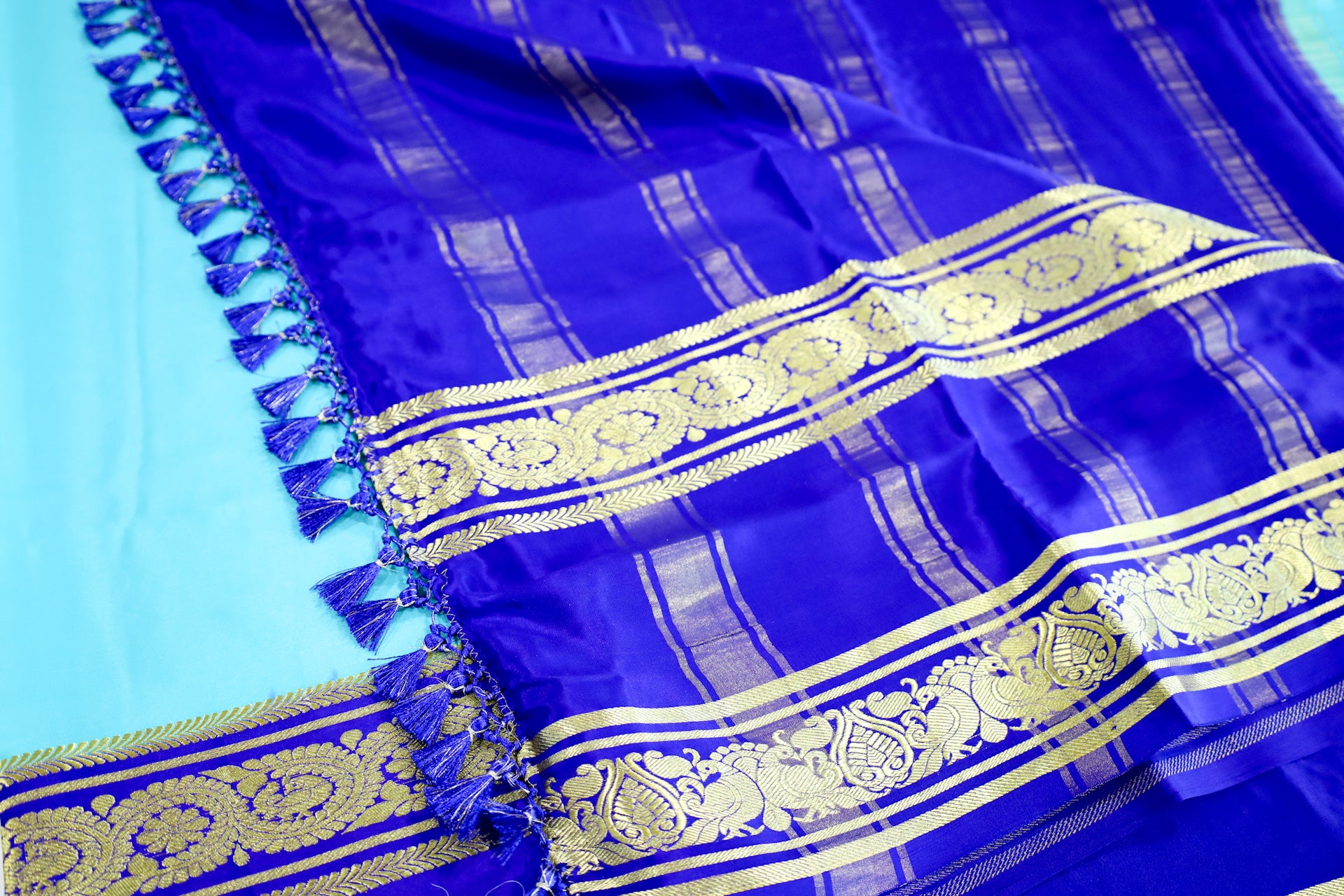 Pure Mysore Silk Teal color Saree With Royal blue Border - Silk Mark Certified