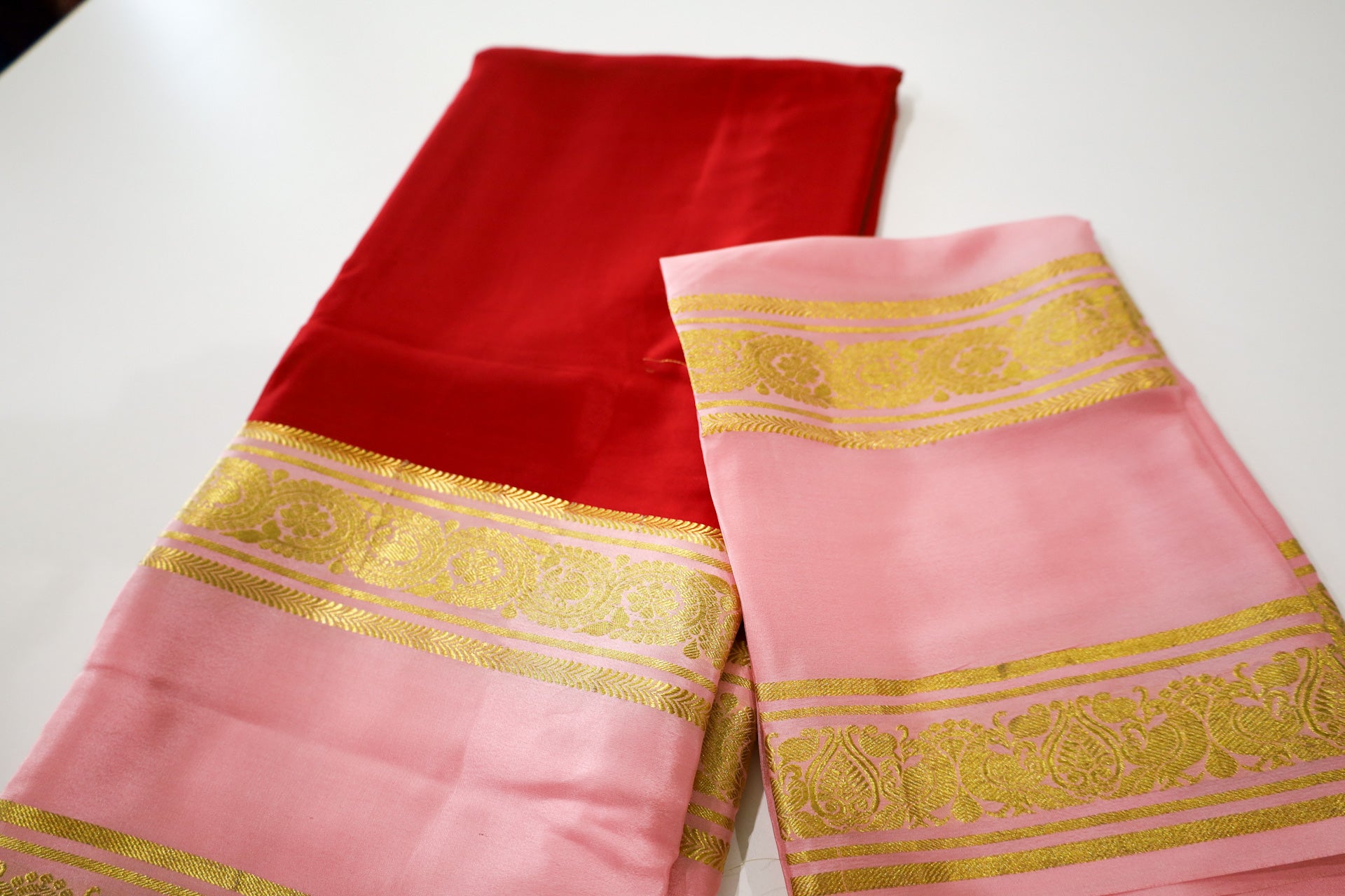 Pure Mysore Silk Red Saree With Baby pink Border - Silk Mark Certified