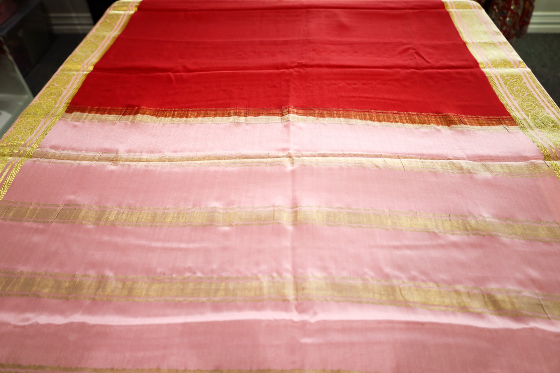 Pure Mysore Silk Red Saree With Baby pink Border - Silk Mark Certified