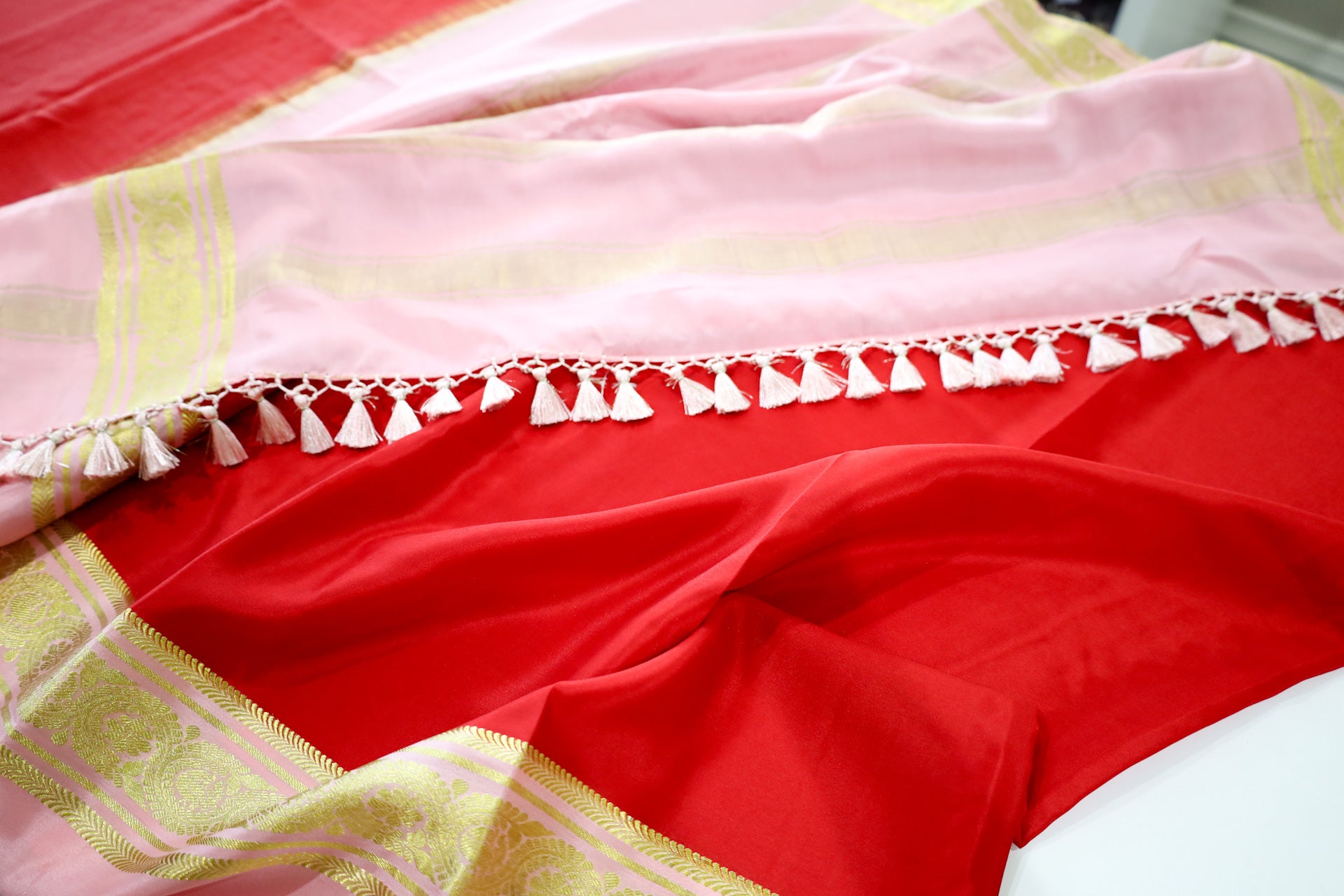 Pure Mysore Silk Red Saree With Baby pink Border - Silk Mark Certified
