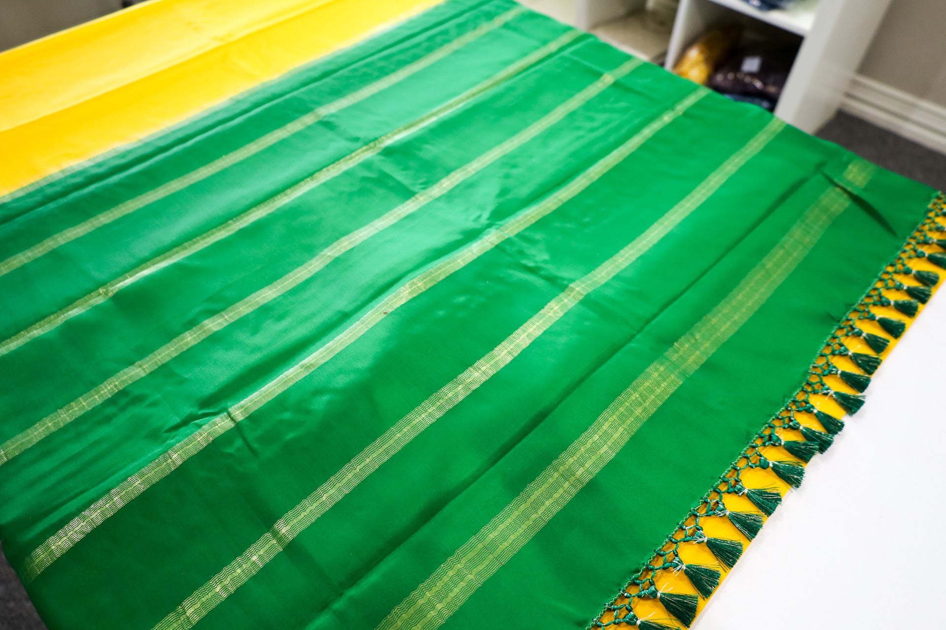 Pure Mysore Silk yellow color Saree With small Green Border - Silk Mark Certified