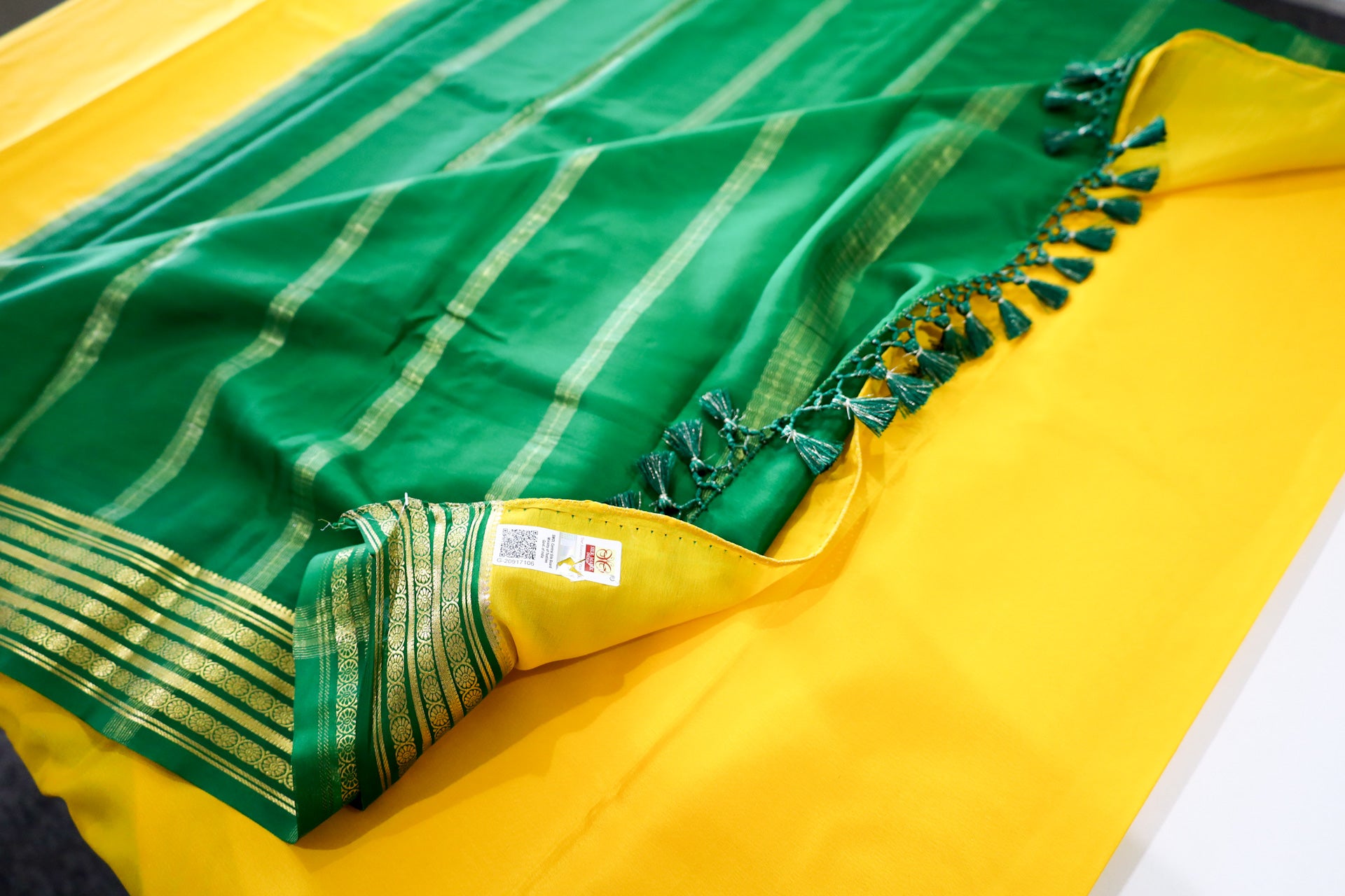 Pure Mysore Silk yellow color Saree With small Green Border - Silk Mark Certified