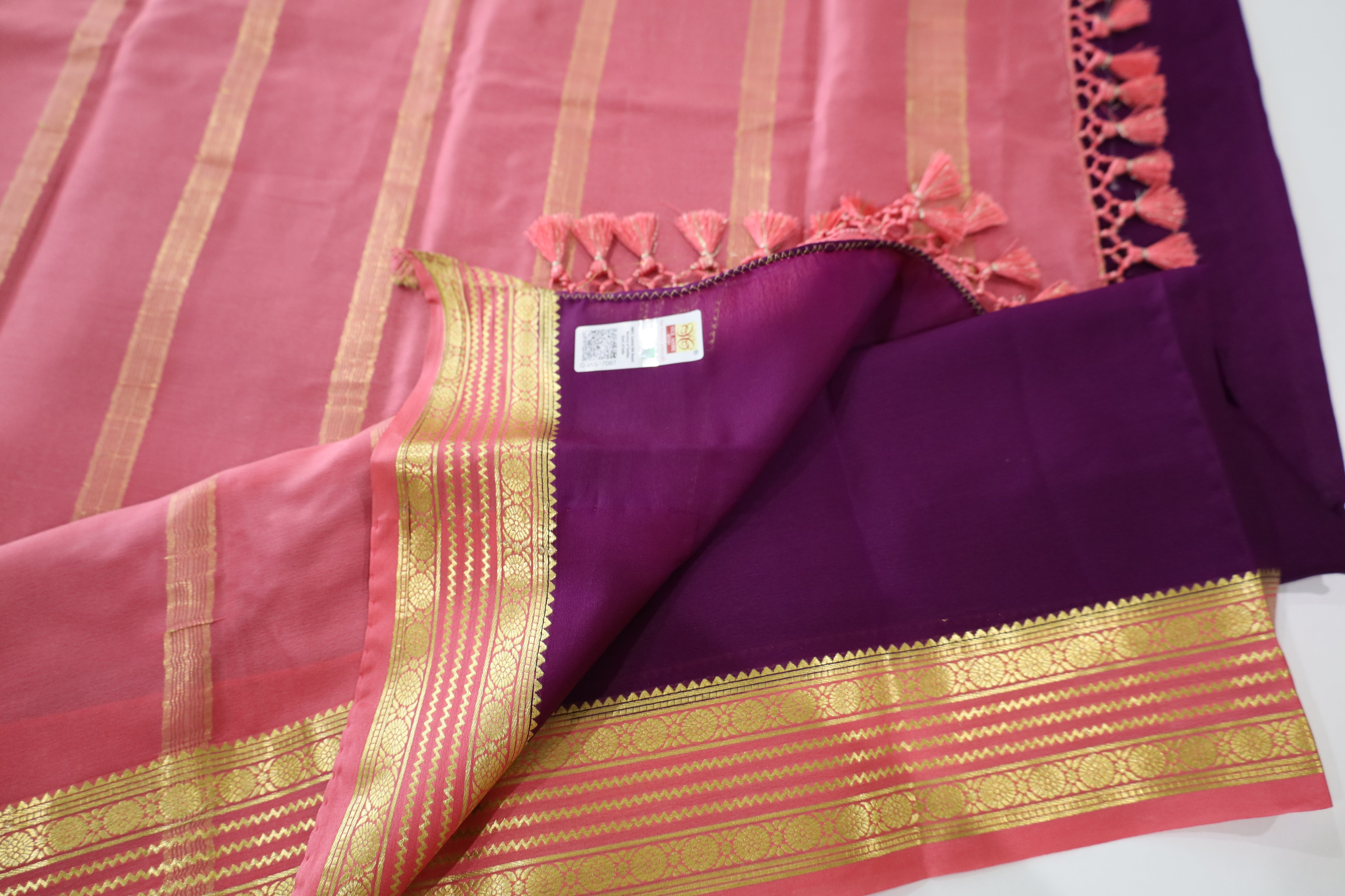 Pure Mysore Silk Purple color Saree With Pink Border - Silk Mark Certified