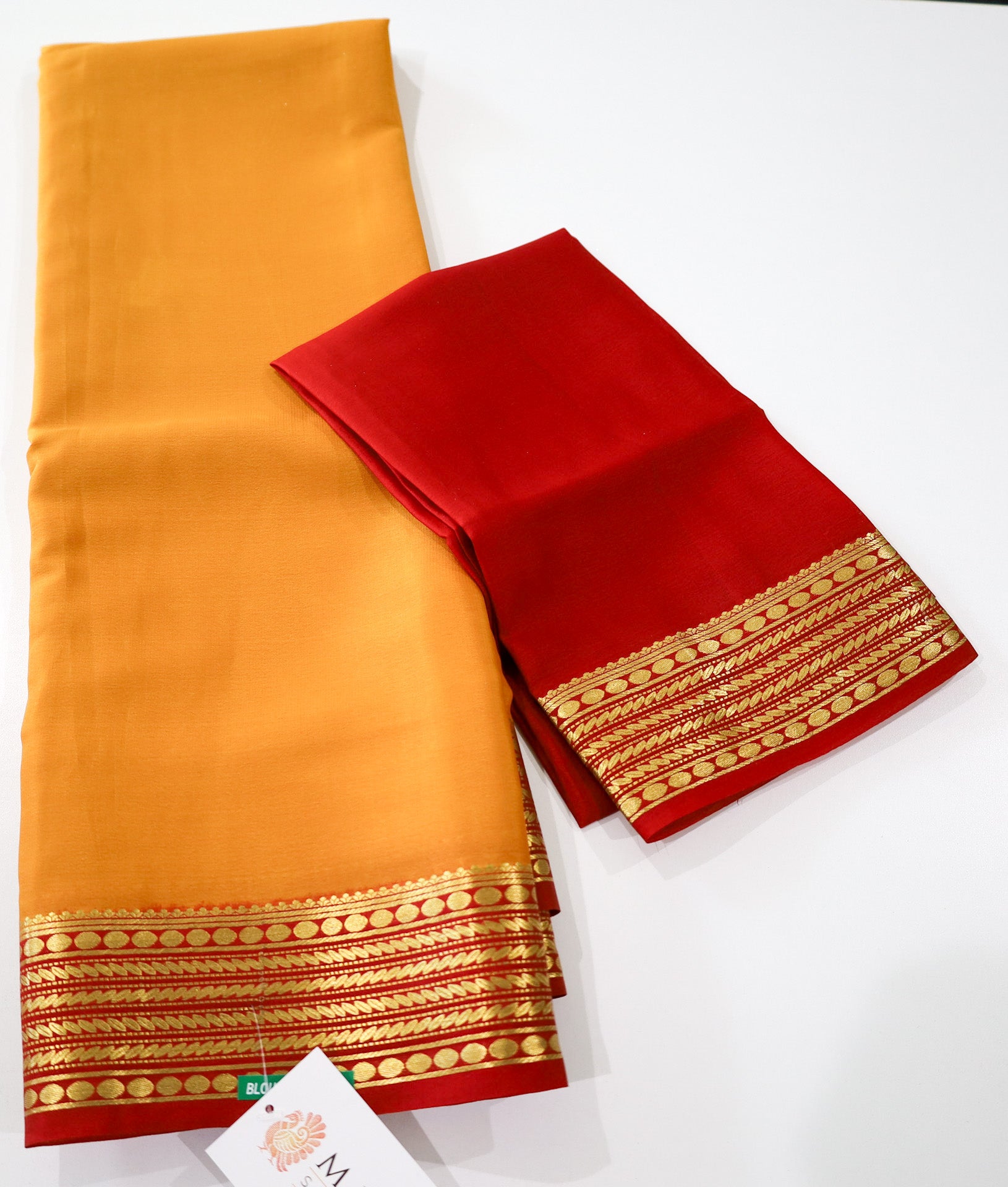 Pure Mysore Silk mustard yellow color Saree With red border - Silk Mark Certified