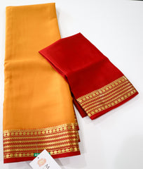 Pure Mysore Silk mustard yellow color Saree With red border - Silk Mark Certified