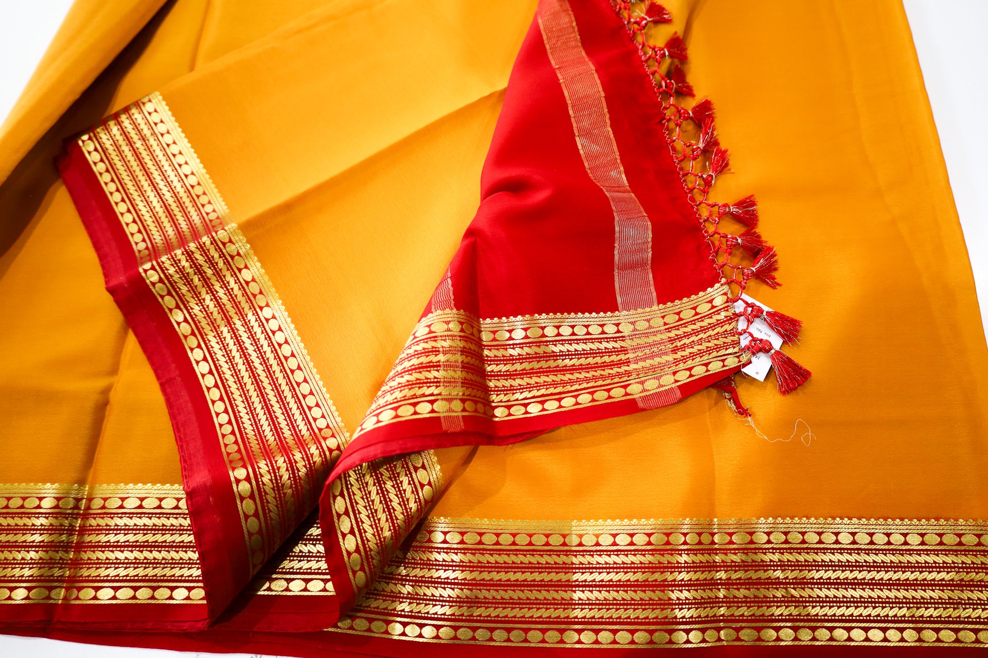 Pure Mysore Silk mustard yellow color Saree With red border - Silk Mark Certified