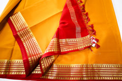 Pure Mysore Silk mustard yellow color Saree With red border - Silk Mark Certified