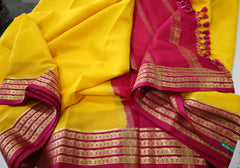 Pure Mysore Silk haldi yellow color Saree With pink border - Silk Mark Certified