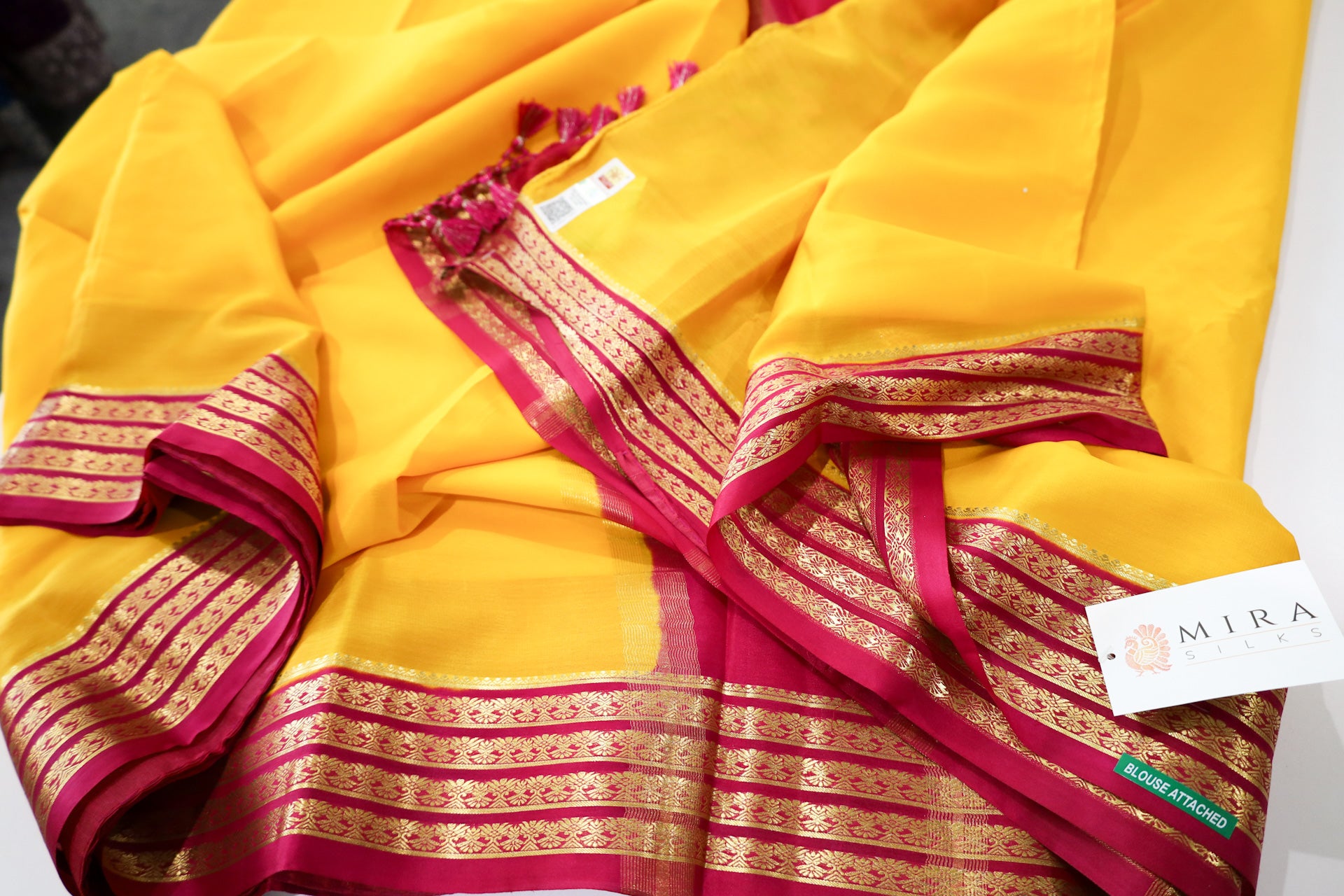 Pure Mysore Silk haldi yellow color Saree With pink border - Silk Mark Certified