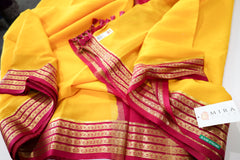 Pure Mysore Silk haldi yellow color Saree With pink border - Silk Mark Certified
