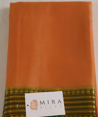 Pure Mysore Silk Peach Orange color Saree With Mosss Green border - Silk Mark Certified