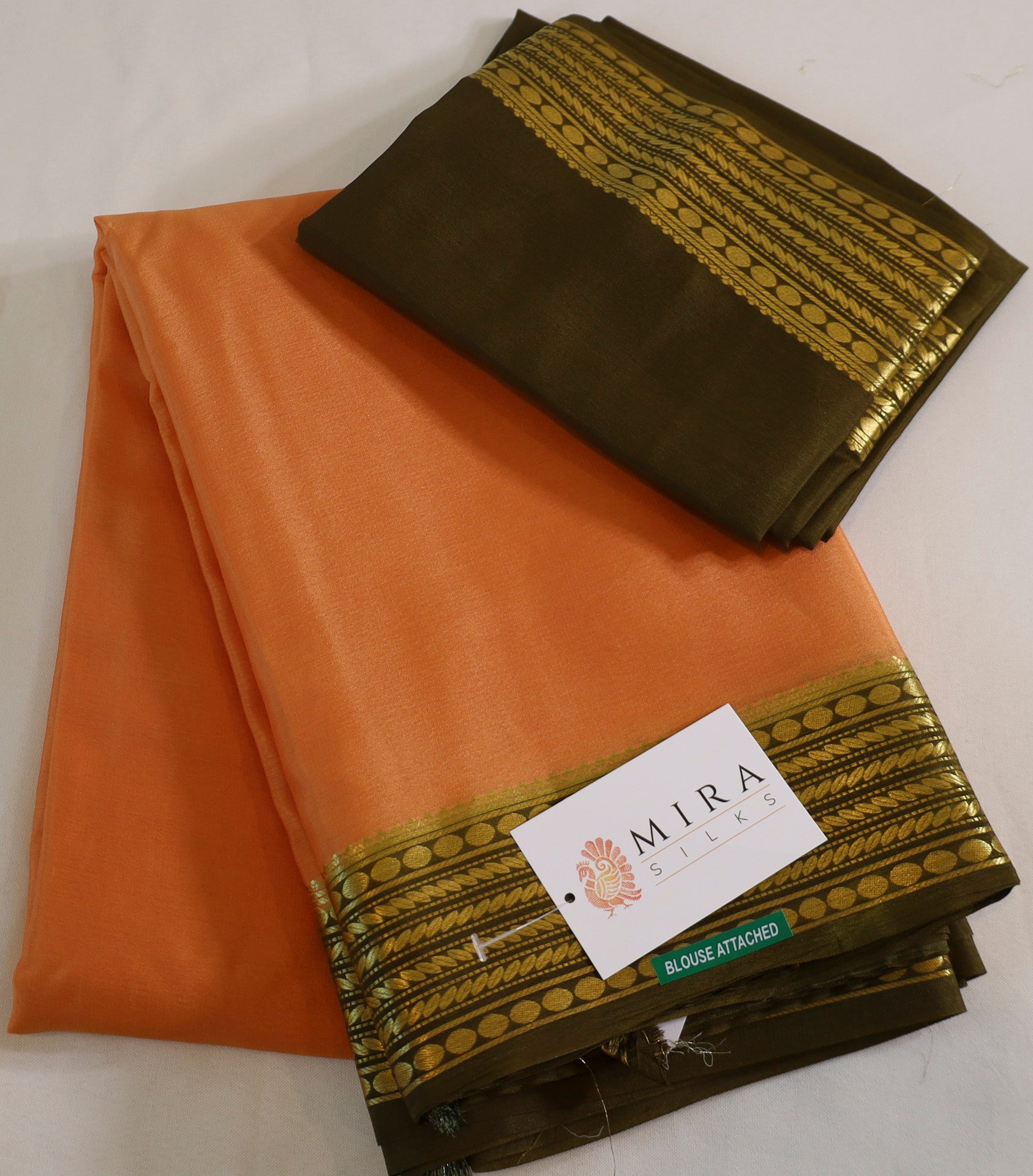 Pure Mysore Silk Peach Orange color Saree With Mosss Green border - Silk Mark Certified