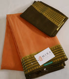 Pure Mysore Silk Peach Orange color Saree With Mosss Green border - Silk Mark Certified