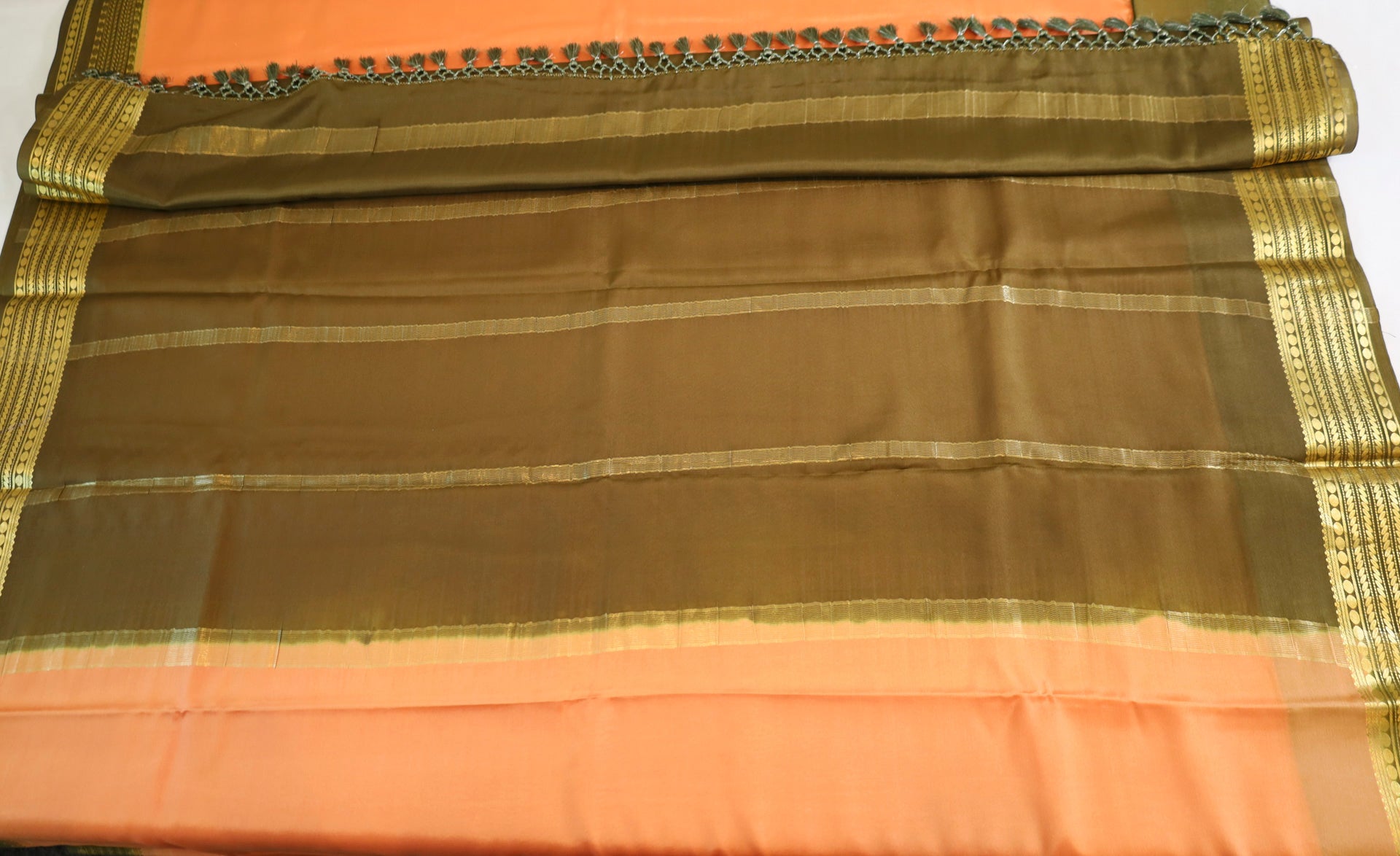 Pure Mysore Silk Peach Orange color Saree With Mosss Green border - Silk Mark Certified