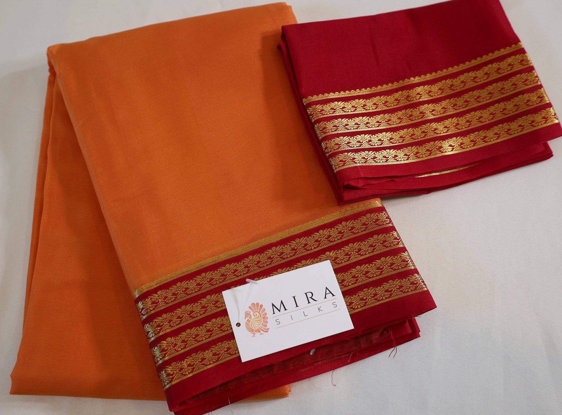 Pure Mysore Silk Apricot Orange color Saree With Red border - Silk Mark Certified