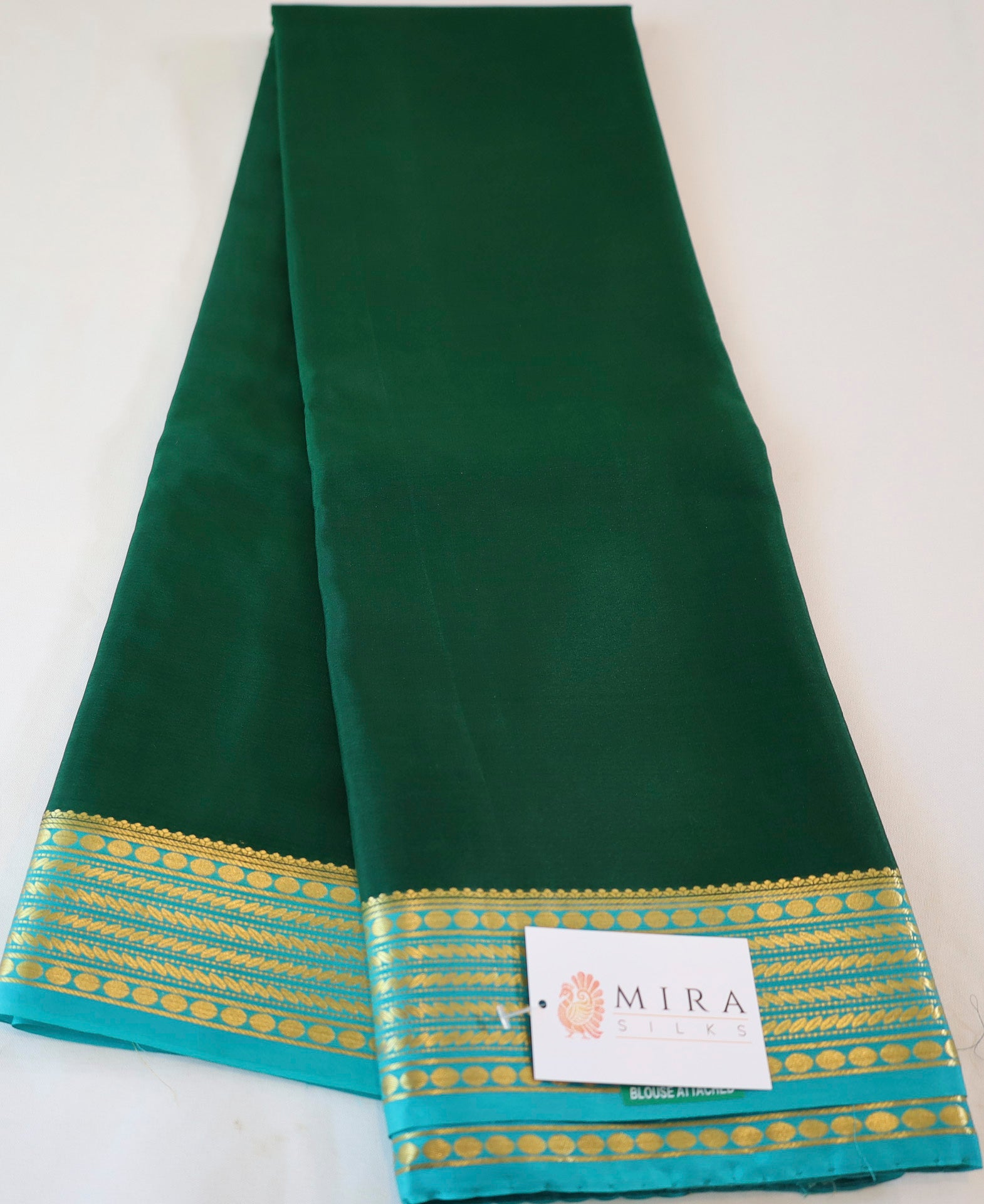Pure Mysore Silk Green color Saree With Turquoise Blue border - Silk Mark Certified