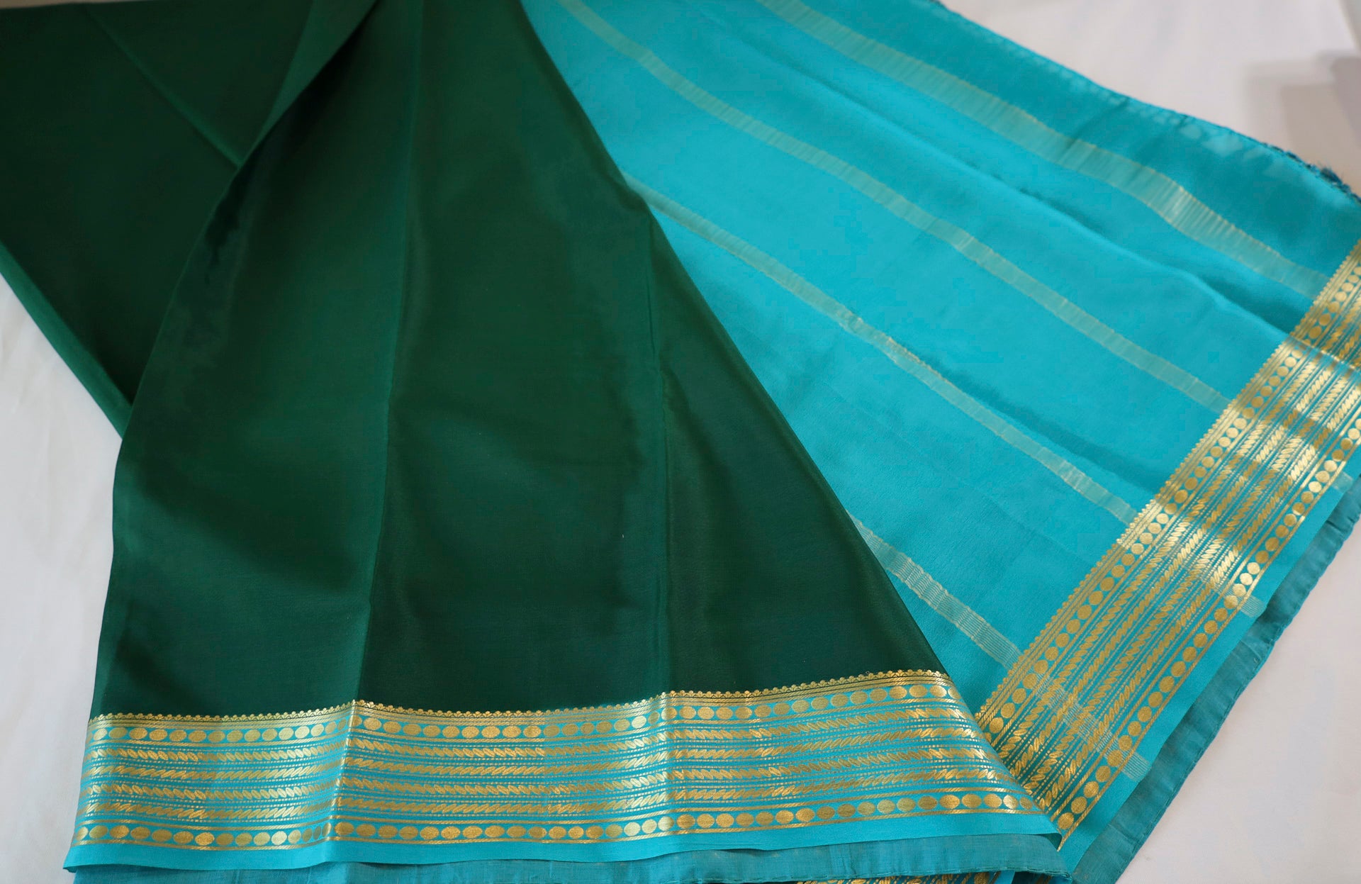 Pure Mysore Silk Green color Saree With Turquoise Blue border - Silk Mark Certified