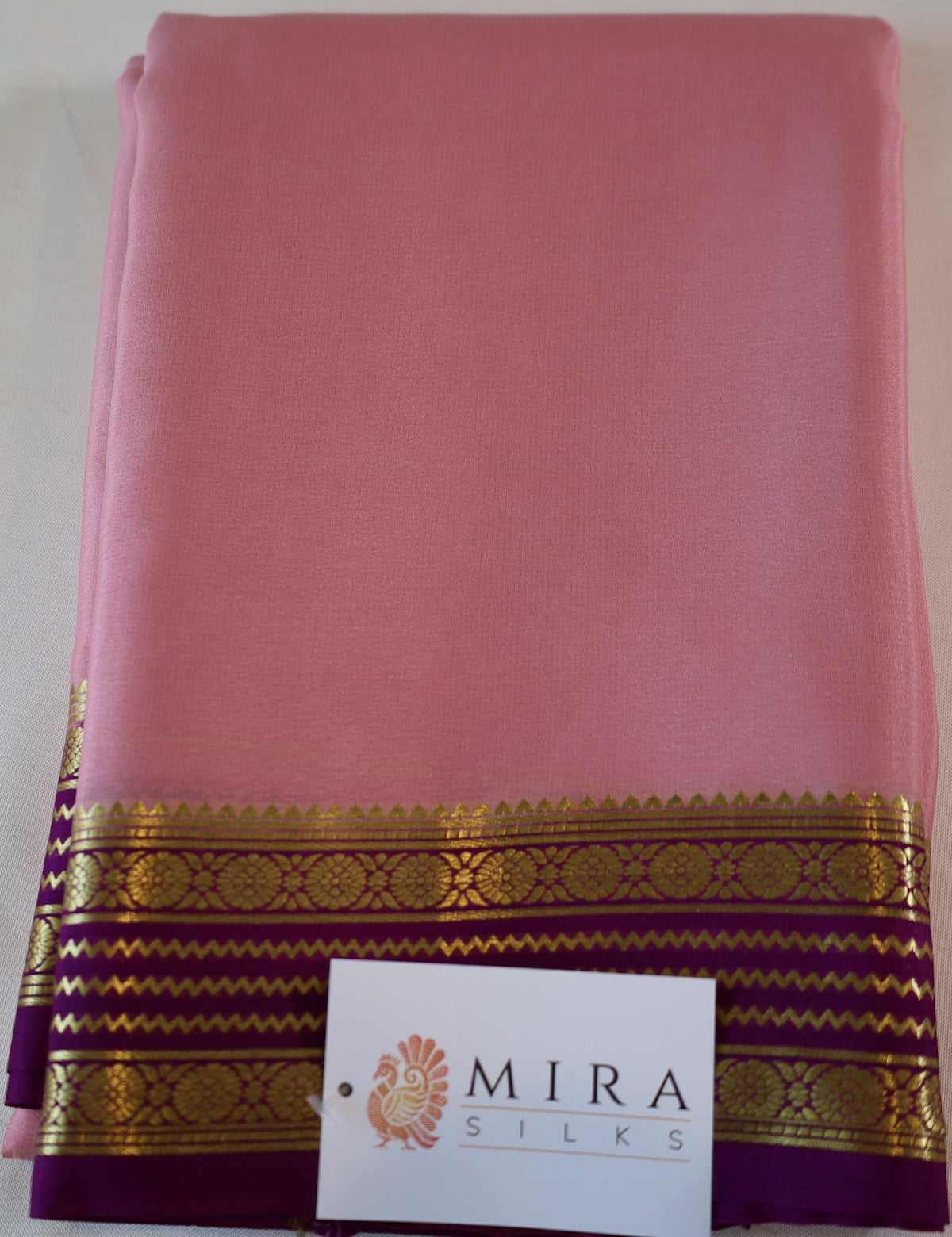 Pure Mysore Silk Flamingo Pink color Saree With  Purple border - Silk Mark Certified