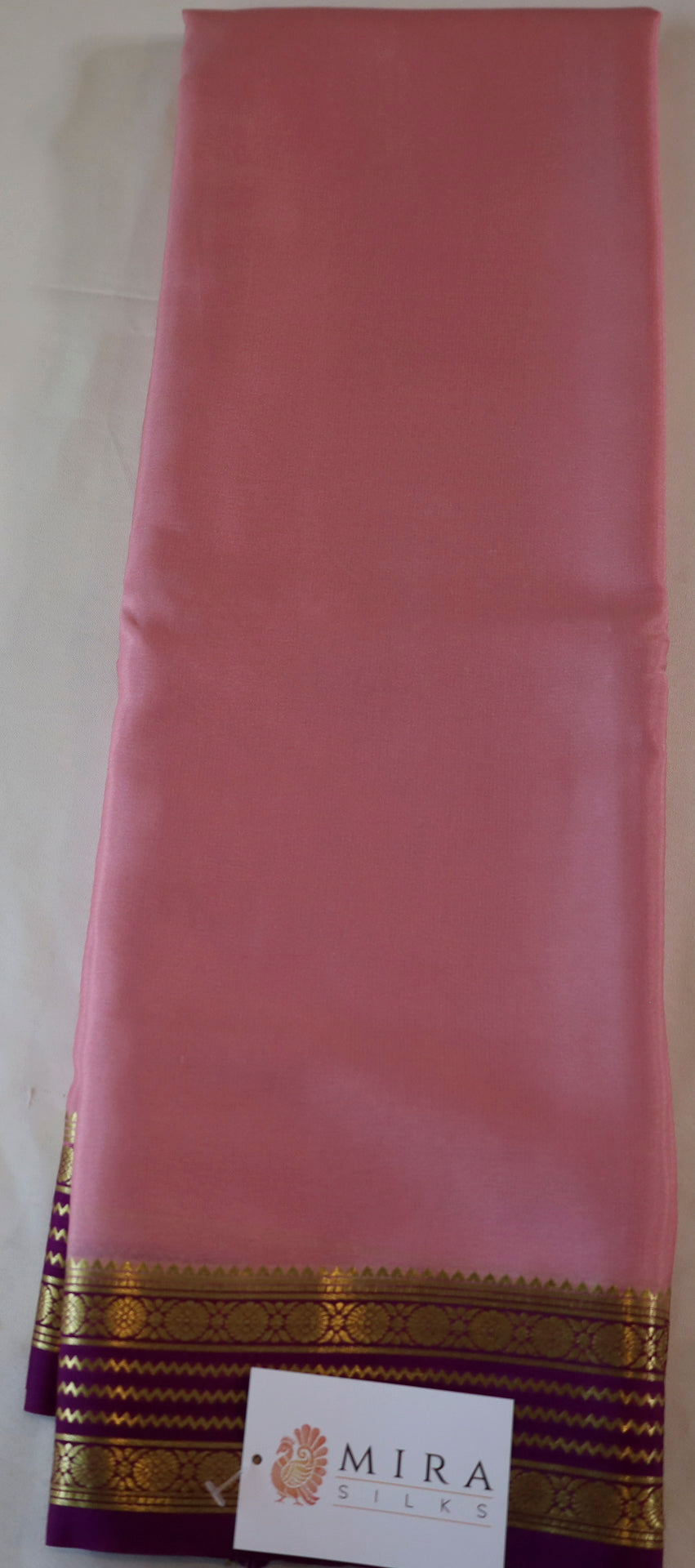 Pure Mysore Silk Flamingo Pink color Saree With  Purple border - Silk Mark Certified