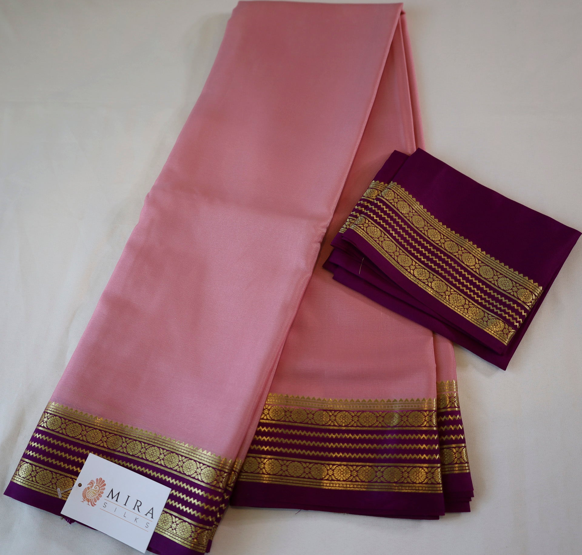 Pure Mysore Silk Flamingo Pink color Saree With  Purple border - Silk Mark Certified