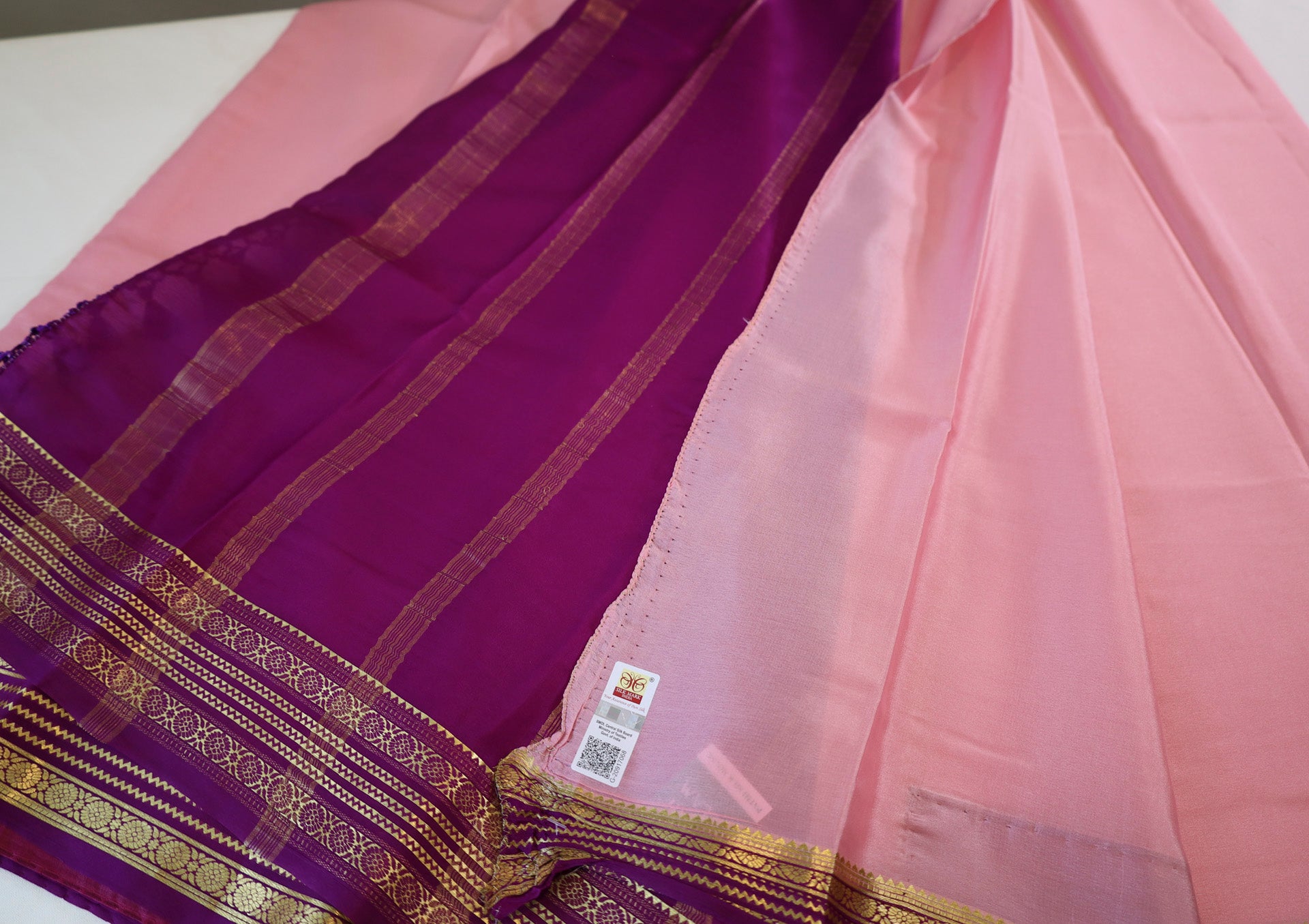 Pure Mysore Silk Flamingo Pink color Saree With  Purple border - Silk Mark Certified
