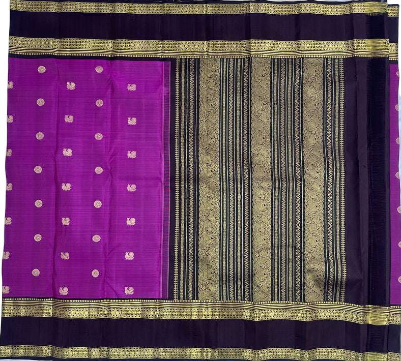 Eggplant Purple Kanjivaram Saree with Peacock Motif and Black Pallu