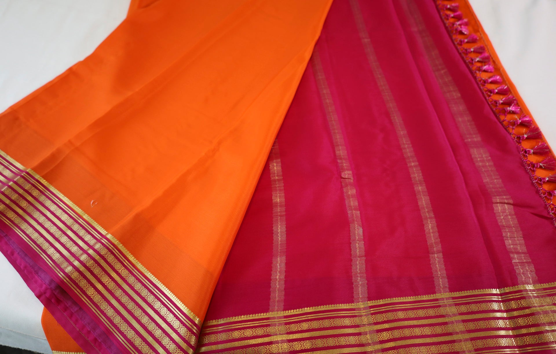 Pure Mysore Silk Orange color Saree With  Pink border - Silk Mark Certified