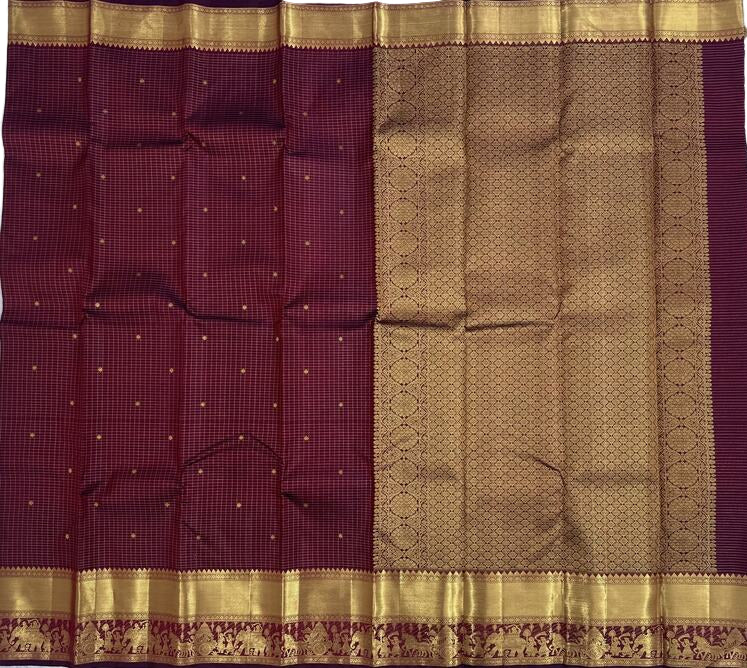 Royal Procession Border with Maroon Checked body Kanjivaram Saree