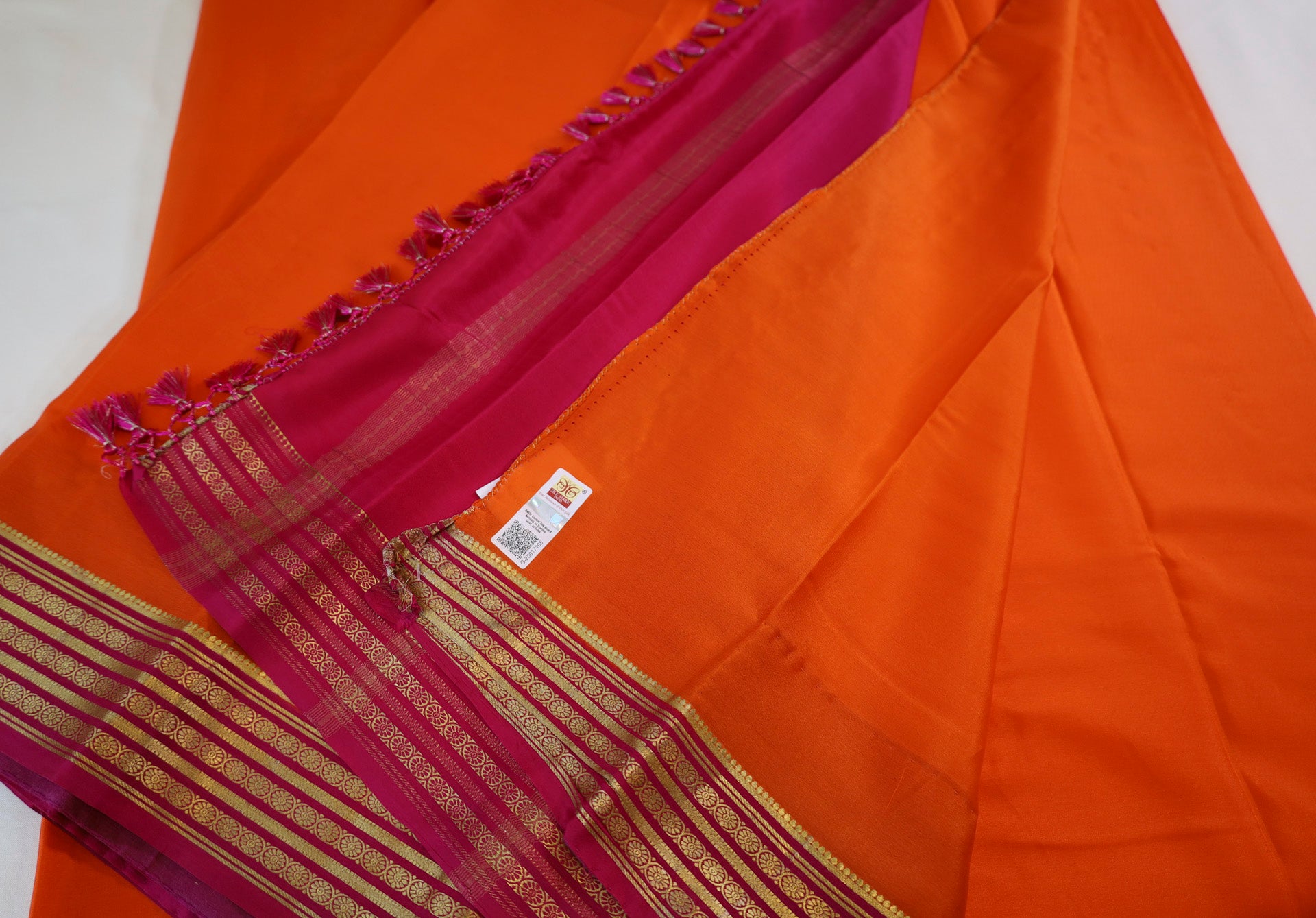 Pure Mysore Silk Orange color Saree With  Pink border - Silk Mark Certified