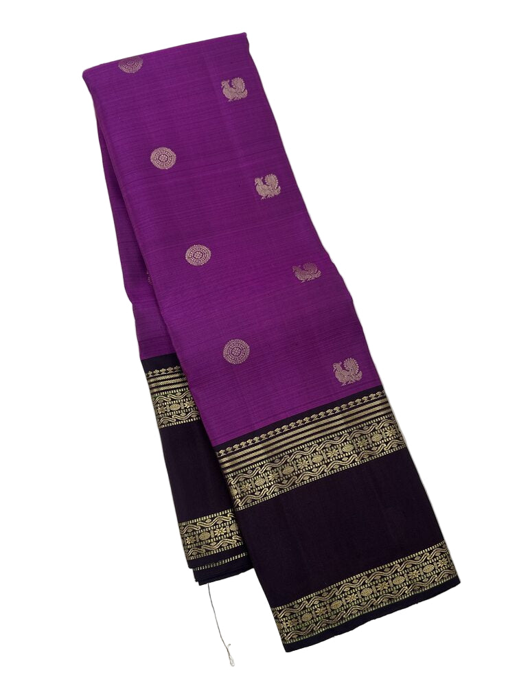 Eggplant Purple Kanjivaram Saree with Peacock Motif and Black Pallu