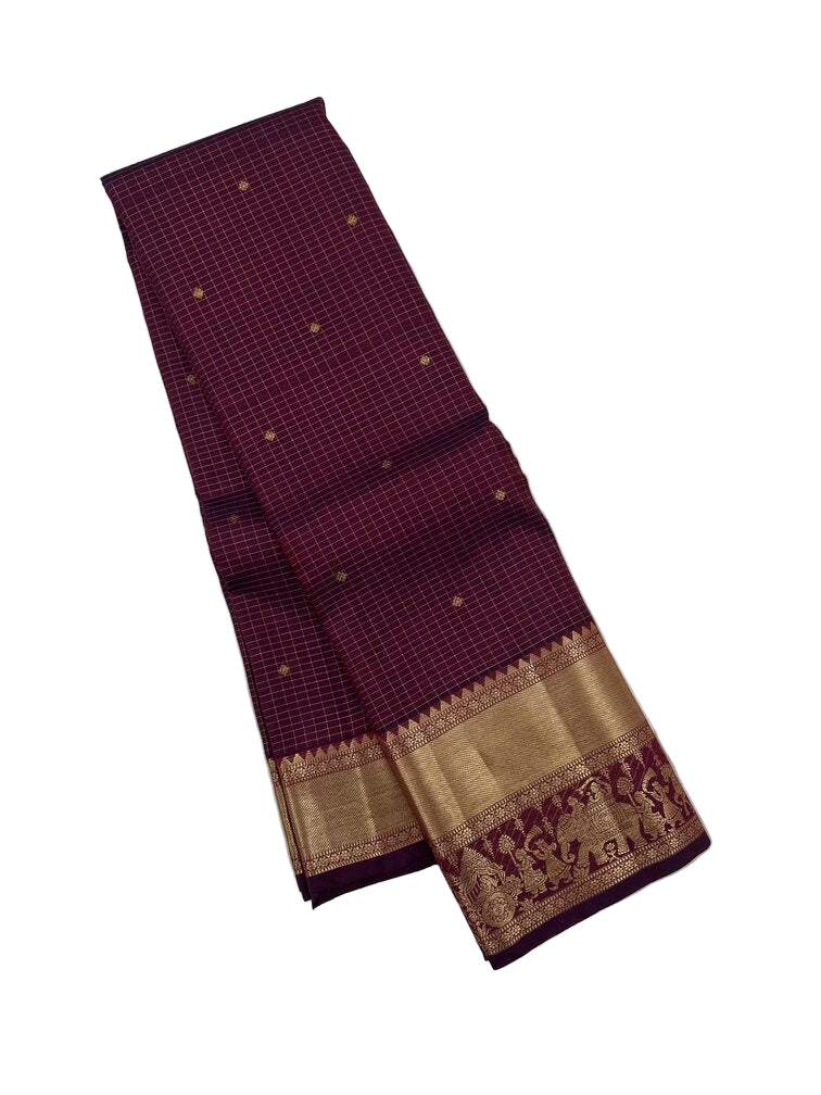 Royal Procession Border with Maroon Checked body Kanjivaram Saree