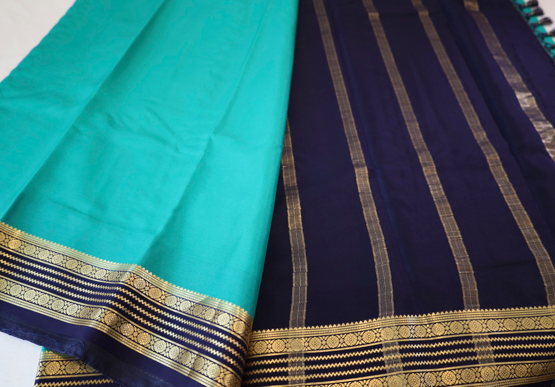 Pure Mysore Silk Sea Green color Saree With  Navy Blue border - Silk Mark Certified
