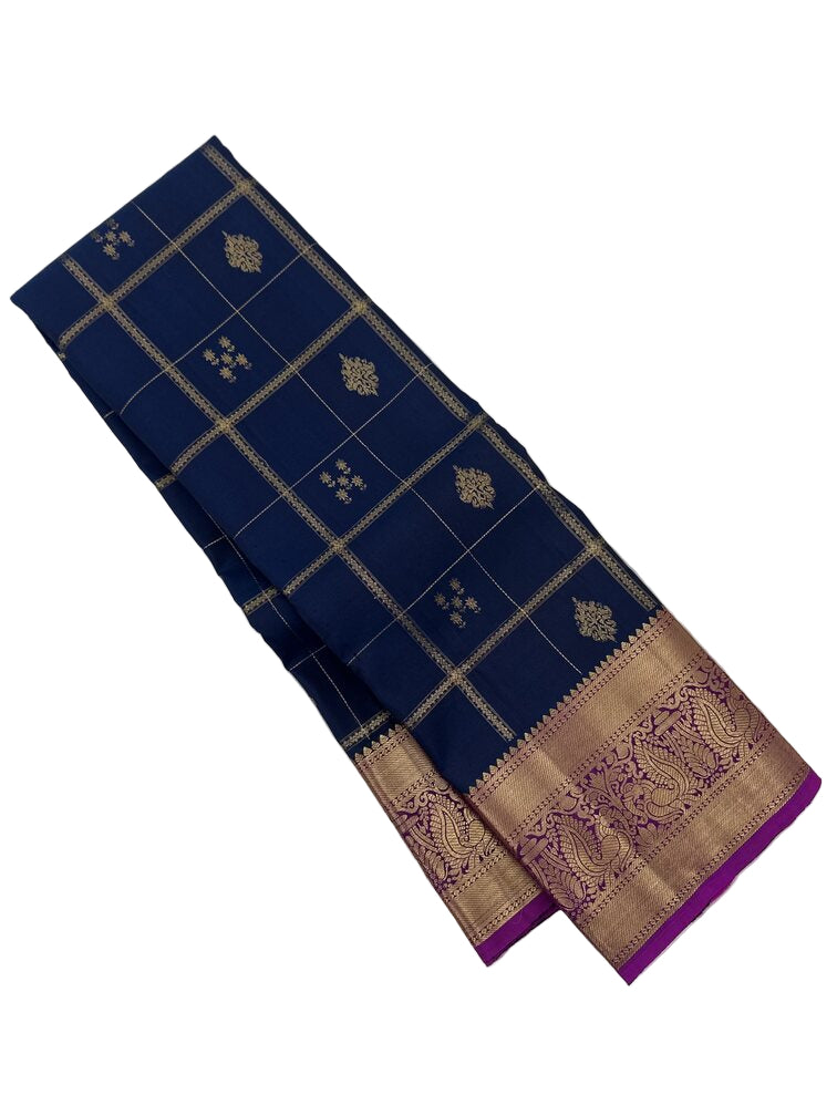 Vintage Checks Navy Kanjivaram Saree with Magenta Pallu