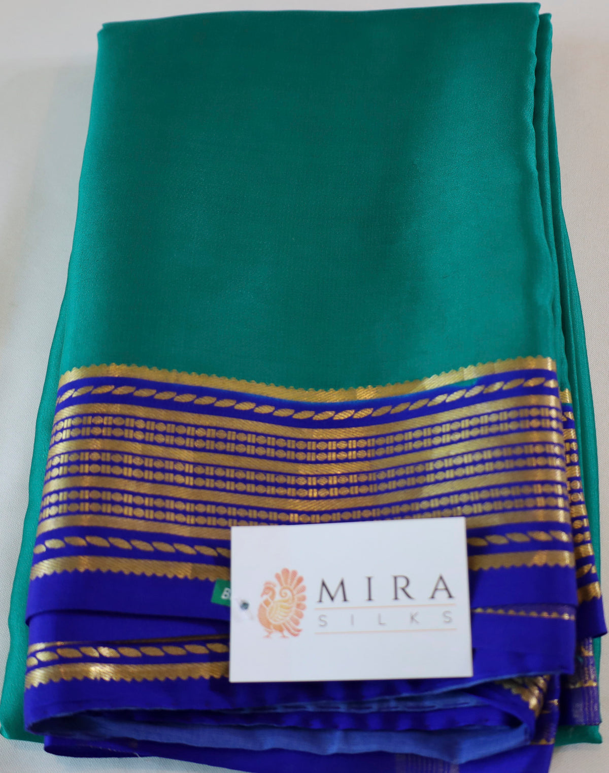 Pure Mysore Silk Sea Green color Saree With Royal Blue border - Silk Mark Certified