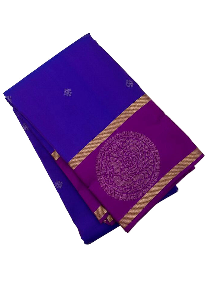 Royal Blue Kanjivaram Saree with Peacock Border and Purple Pallu