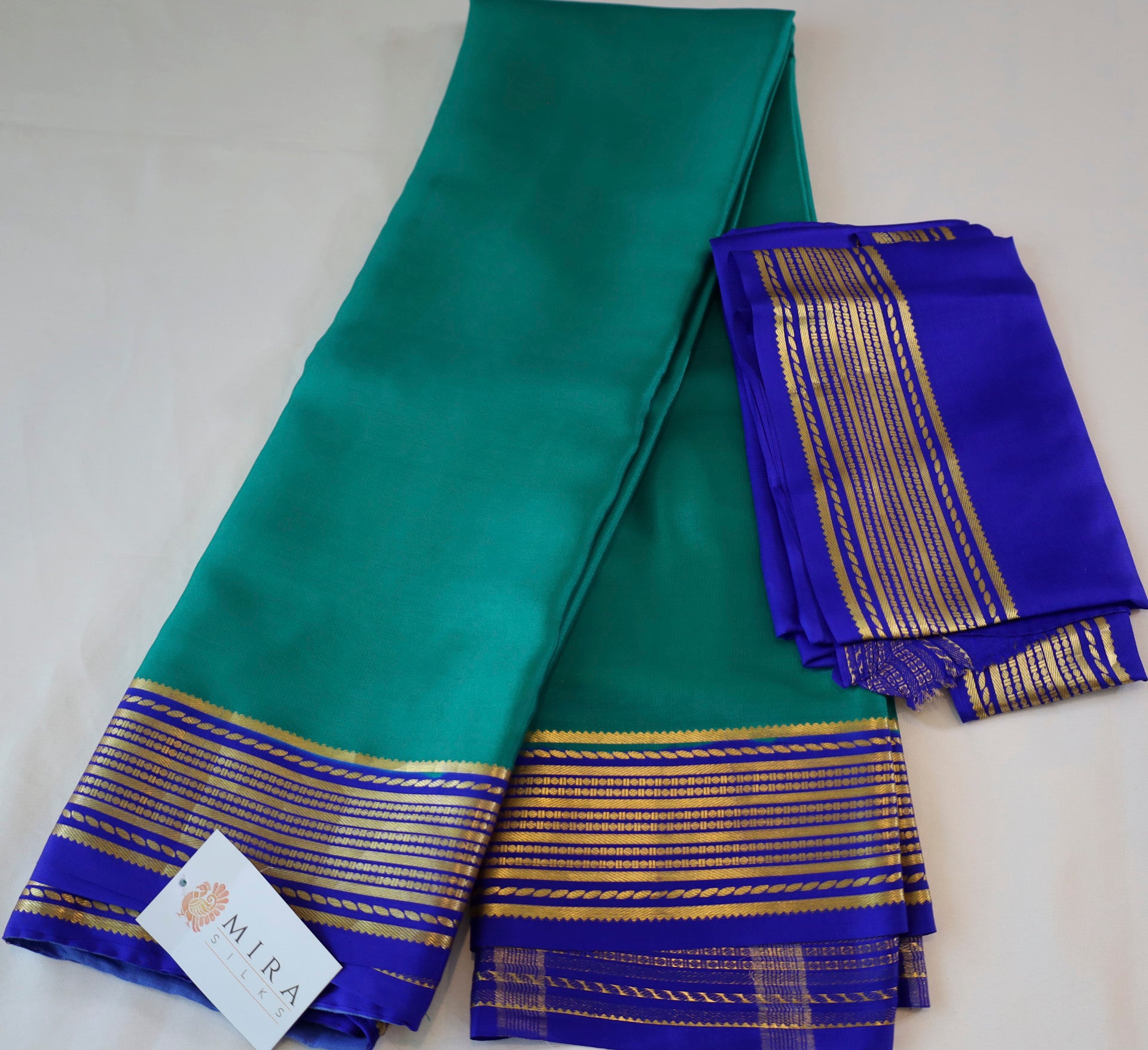 Pure Mysore Silk Sea Green color Saree With Royal Blue border - Silk Mark Certified
