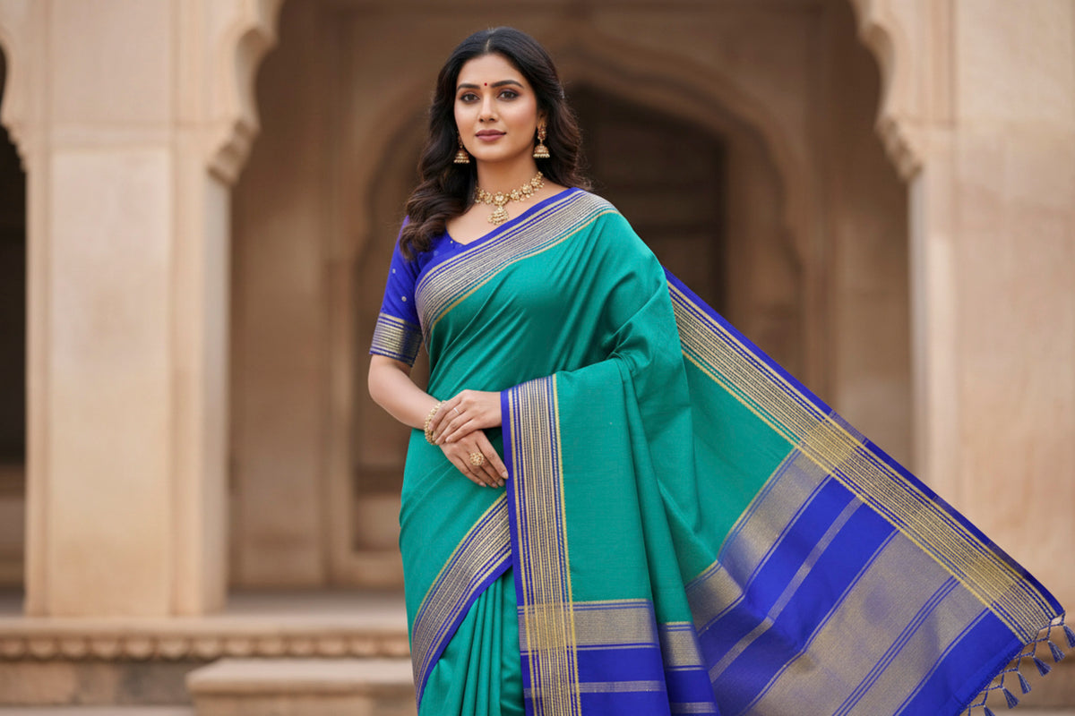 Sea green with royal blue mysore silk