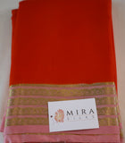 Pure Mysore Silk Orange color Saree With Baby pink border - Silk Mark Certified