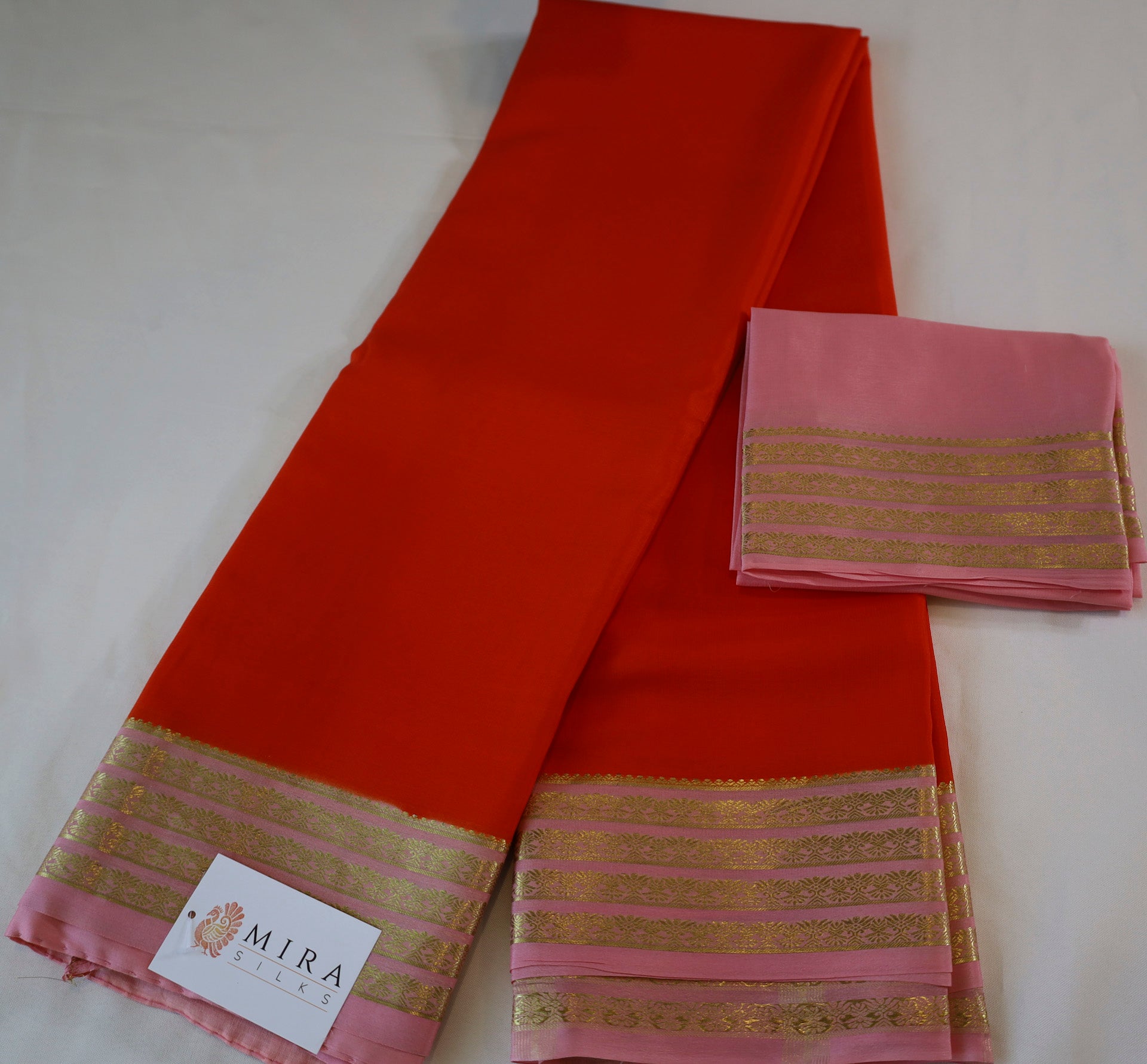 Pure Mysore Silk Orange color Saree With Baby pink border - Silk Mark Certified