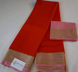 Pure Mysore Silk Orange color Saree With Baby pink border - Silk Mark Certified