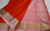 Pure Mysore Silk Orange color Saree With Baby pink border - Silk Mark Certified