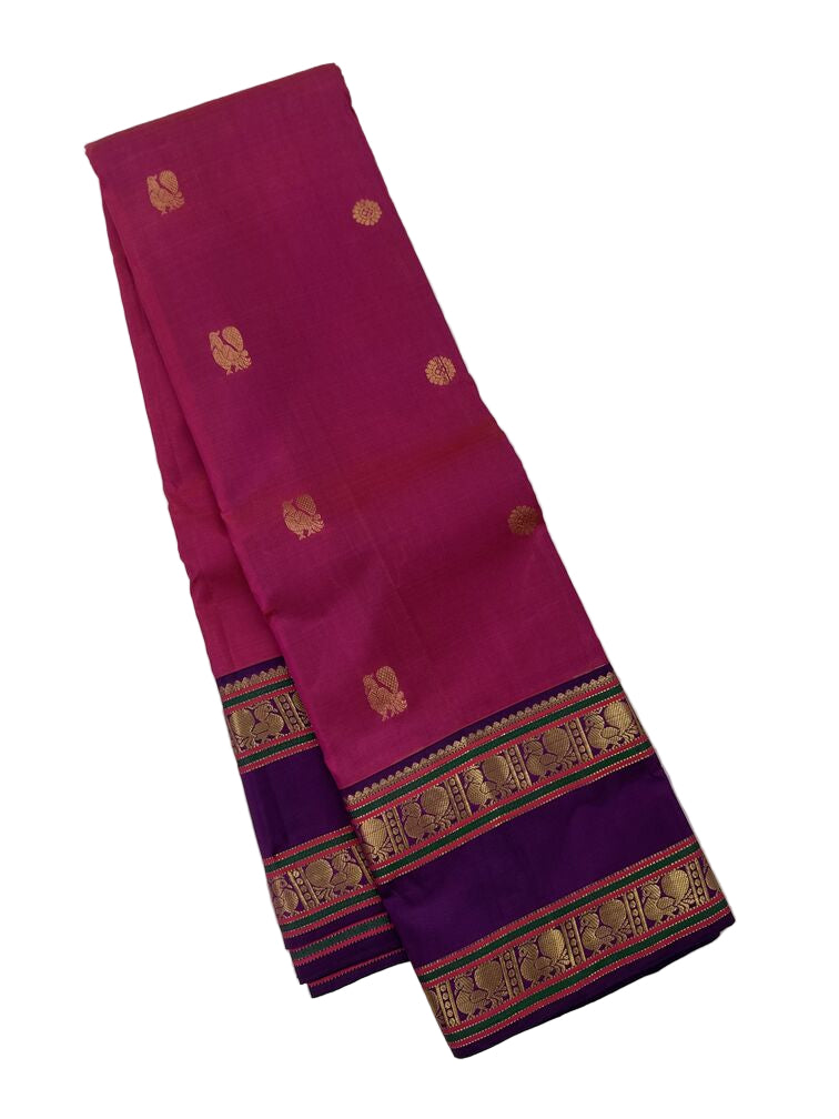 Plum Red Kanjivaram Saree Purple Border and Peacock Motif Pallu