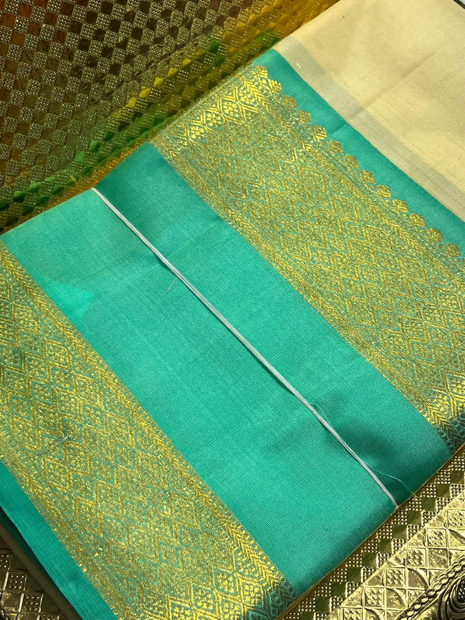 Beige Kanjivaram Saree with Sea Green and Gold Border