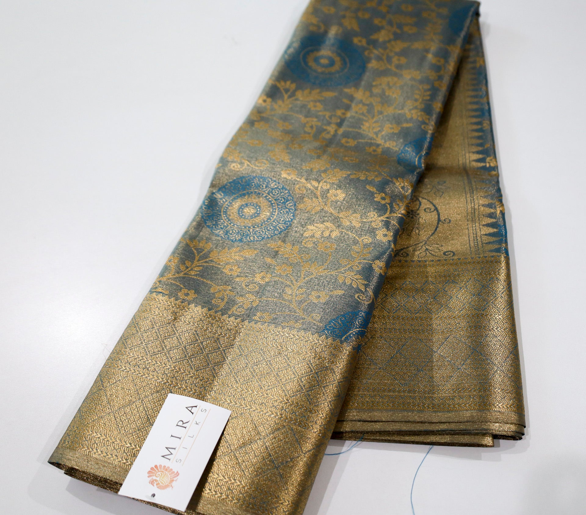 Featured Peacock Blue Tissue - semi Kanjivaram wedding sari
