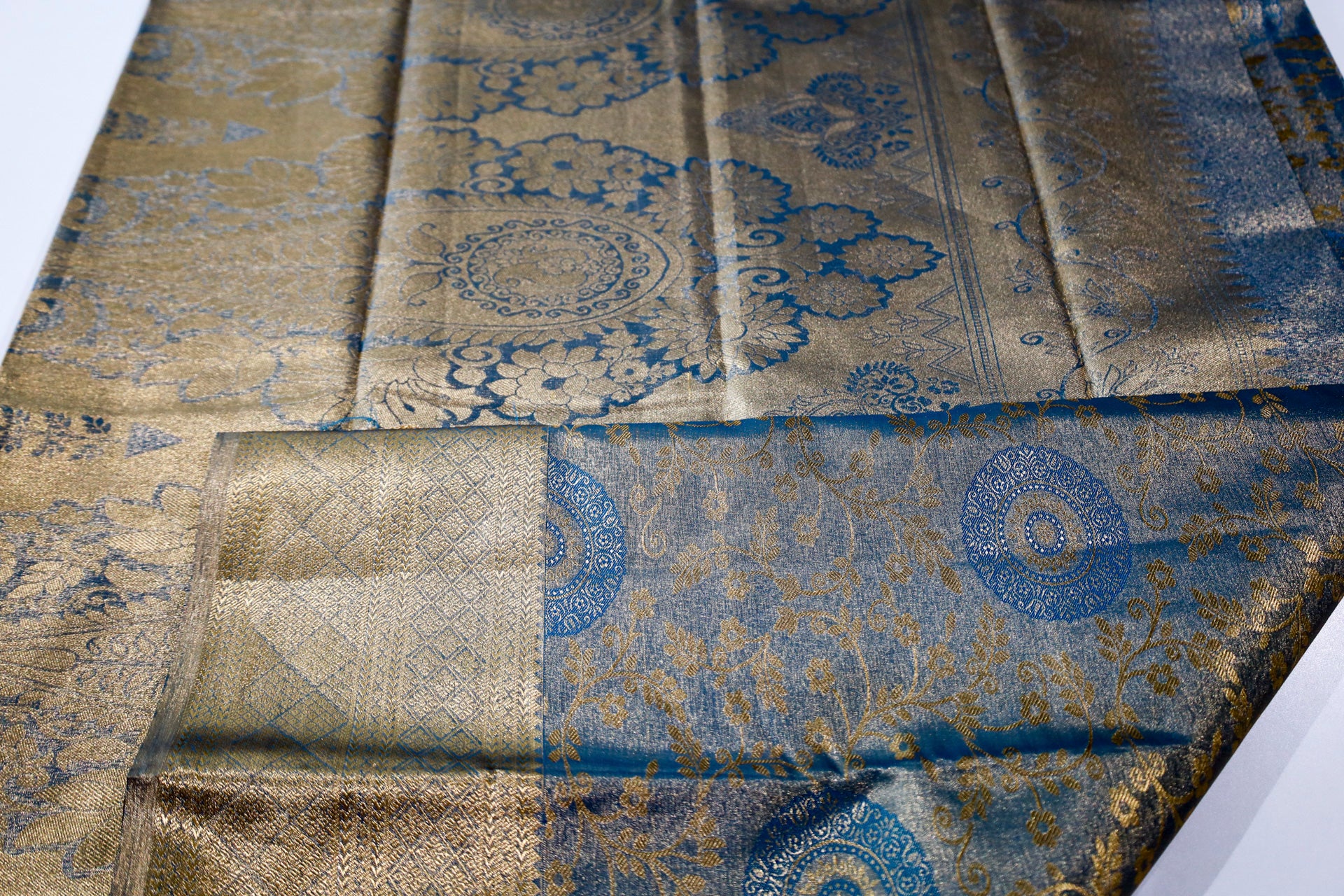 Featured Peacock Blue Tissue - semi Kanjivaram wedding sari