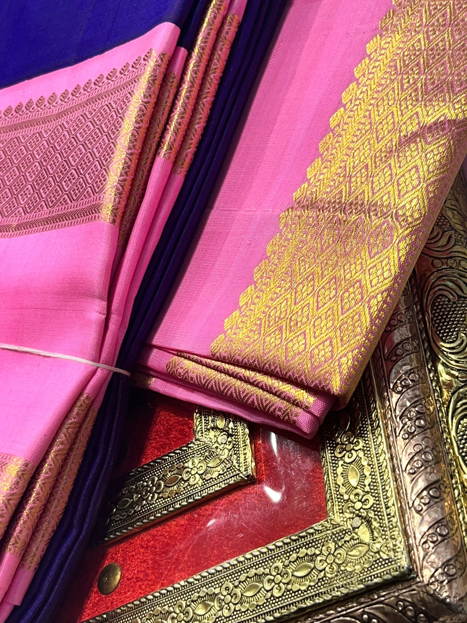 Navy Blue Kanjivaram Saree with Light Pink and Gold Border