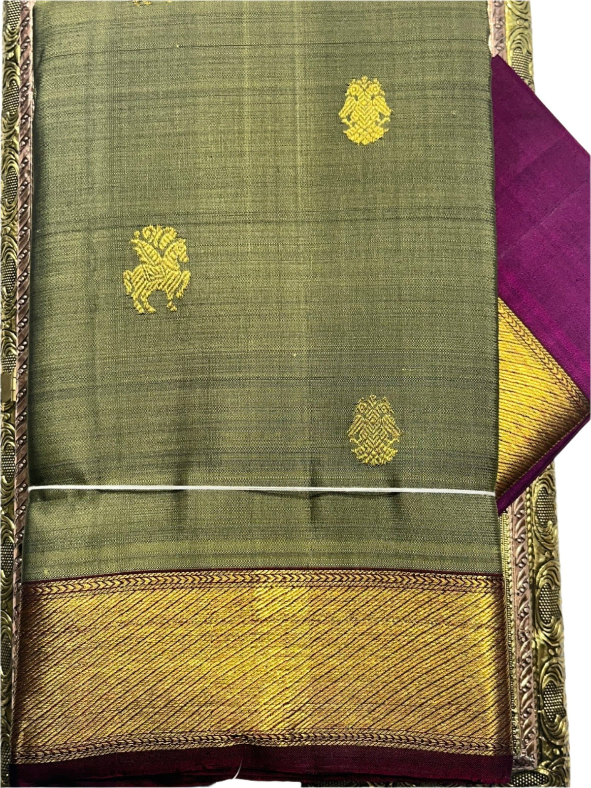 Moss Green Kanjivaram Saree with Gold and  Maroon Border